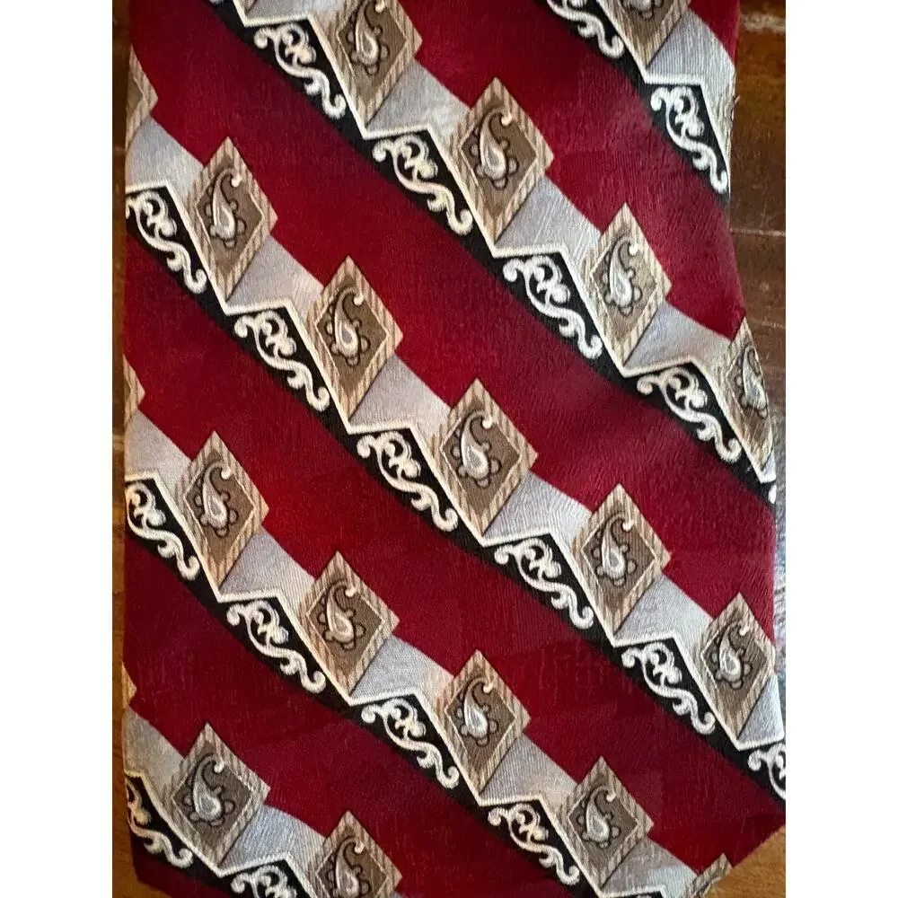 Alexander Lloyd Men’s Tie 62” Long Burgundy Gray Black Paisley Geometric Necktie